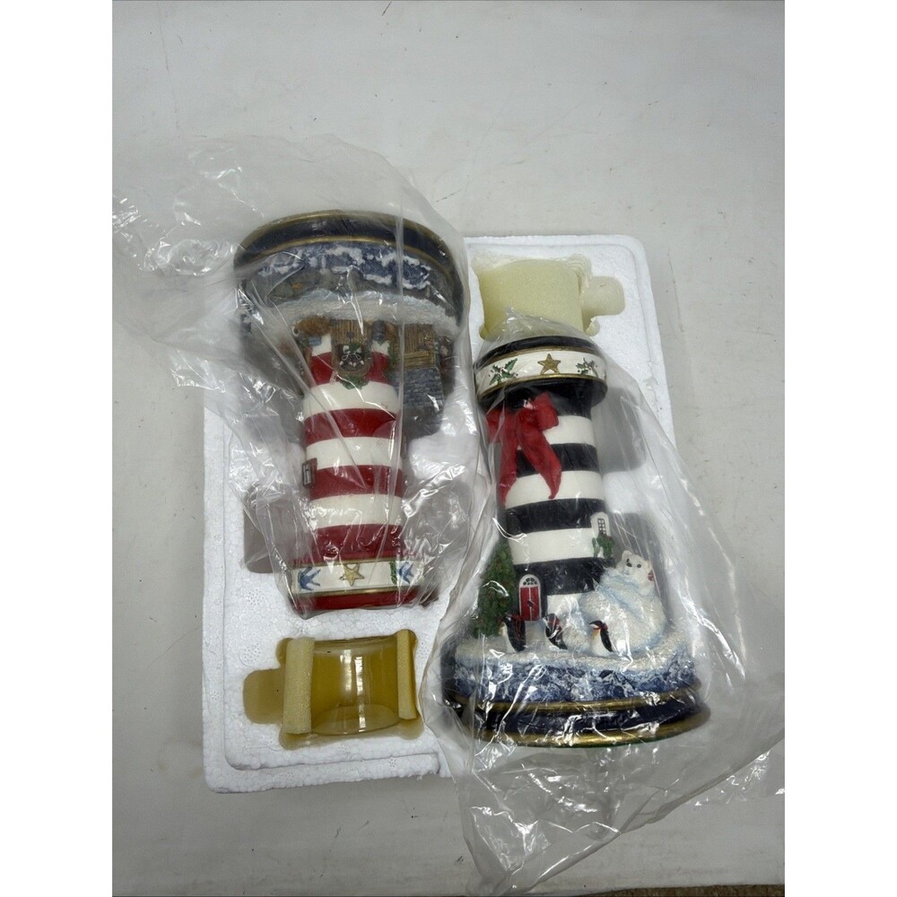 The Danbury Mint 2 Lighthouses of Christmas Candlesticks Night Before Christmas